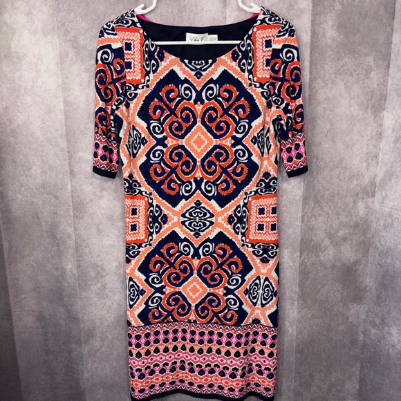 Eliza J Dresses & Skirts - Eliza J Navy Women's Size 4 Coral Geometric Print Sheath Dress